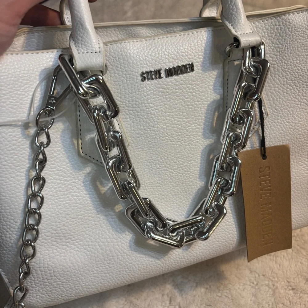 NWT Steve Madden Ivory Satchel/ Crossbody with Silver Chains Vegan Leather New